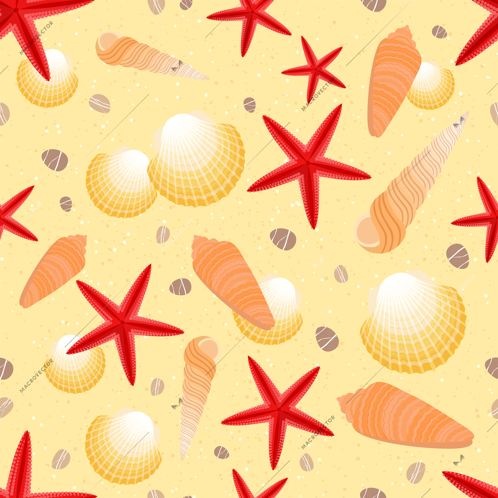 Seashells and stars on the golden sand summer beach seamless pattern vector illustration