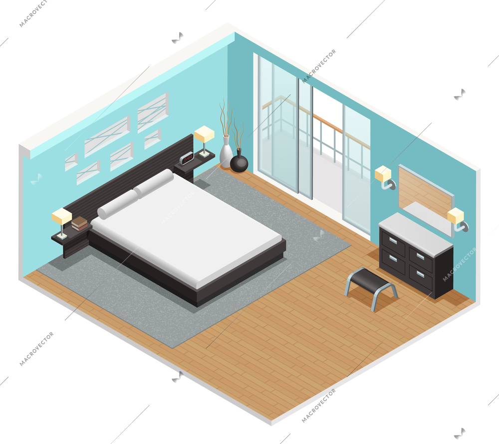 Bedroom interior isometric view  with king size bed nightstand  carpet and balcony sliding doors  abstract vector illustration