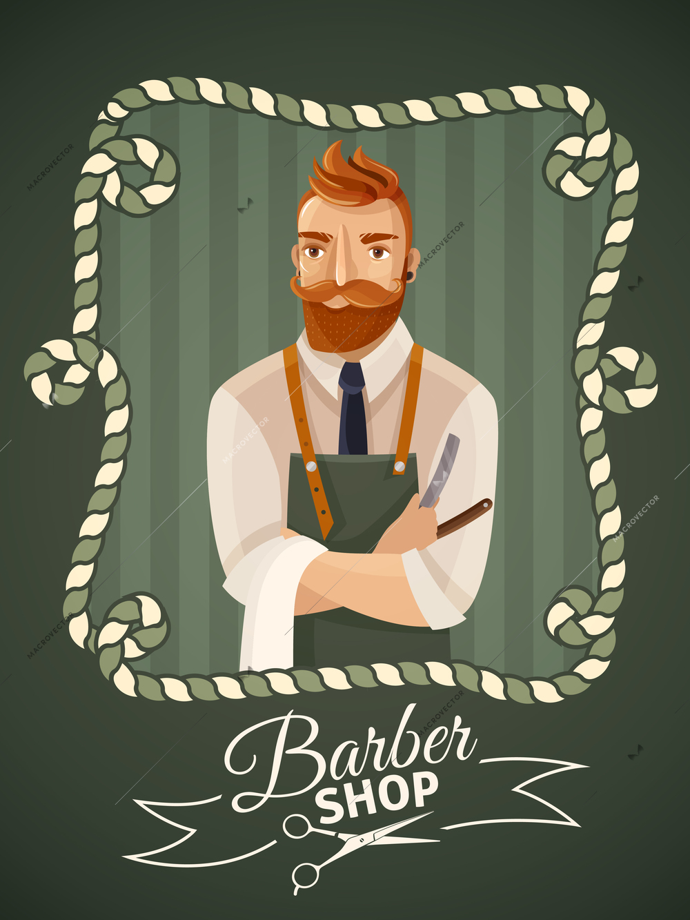 Barbershop poster template with hipster male hairdresser in frame cartoon vector illustration