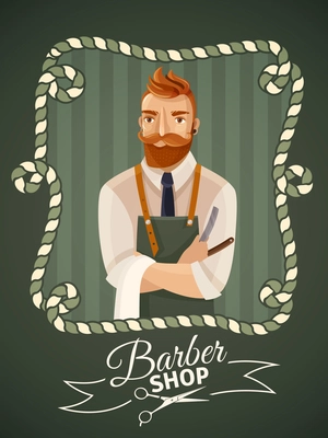 Barbershop poster template with hipster male hairdresser in frame cartoon vector illustration