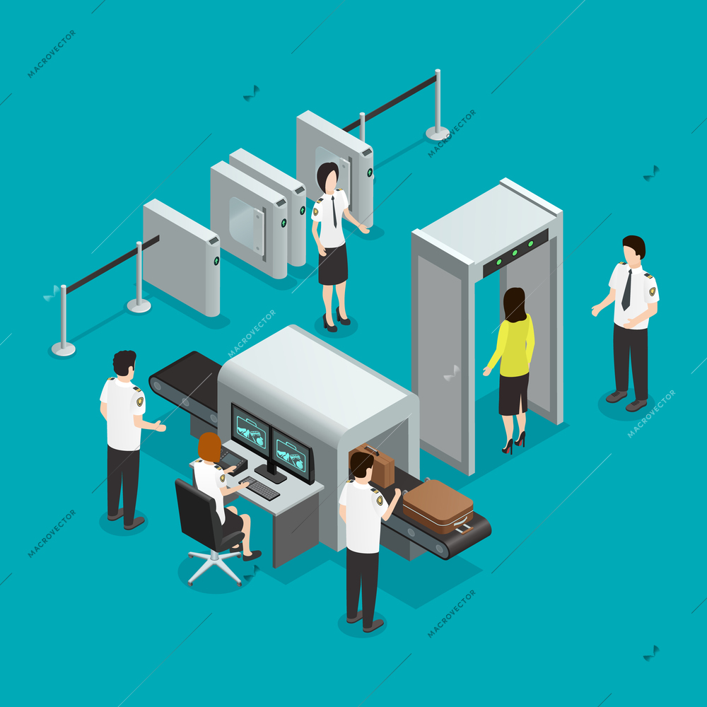 Airport safety security gates check isometric composition with hand baggage screening and passengers control