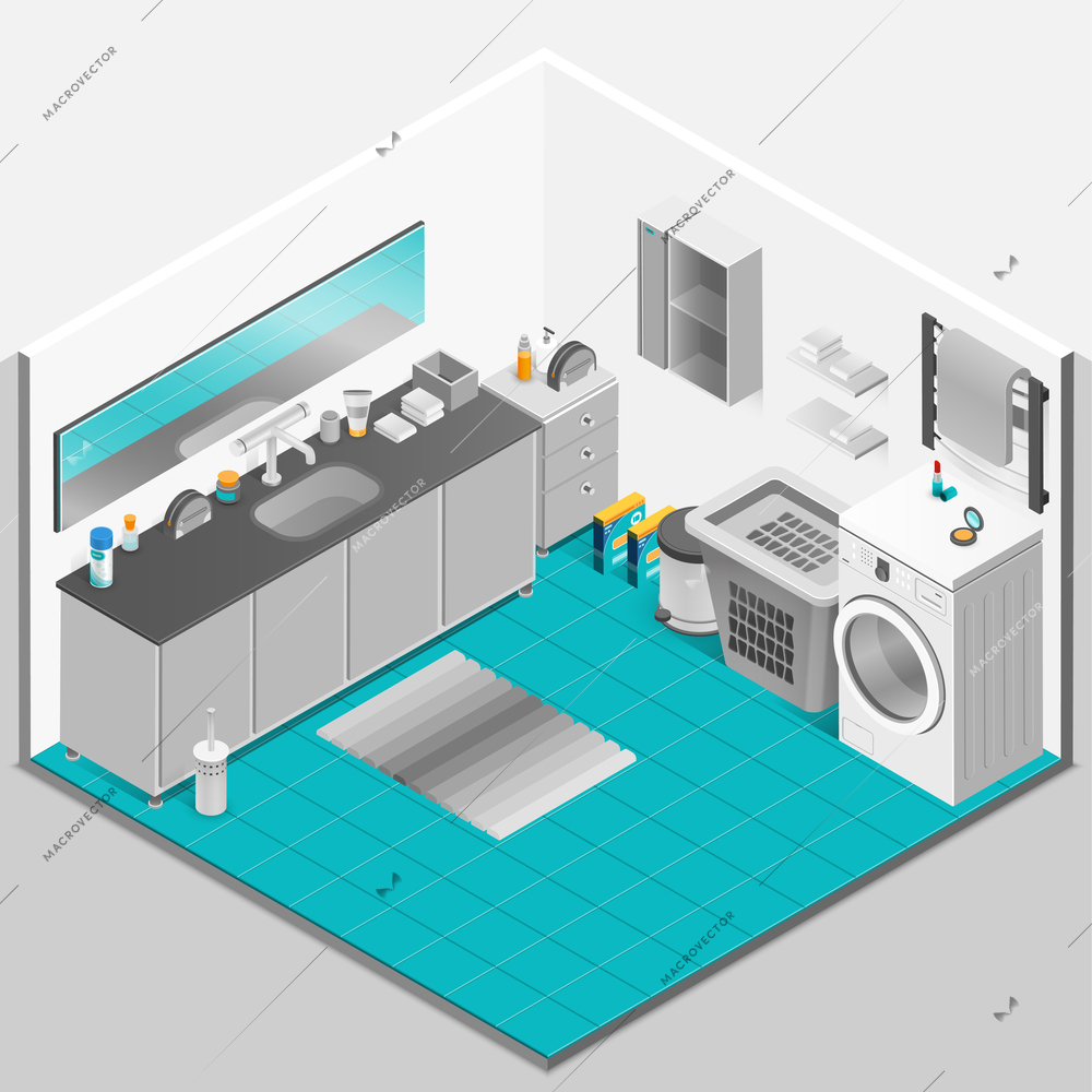 Bathroom interior isometric design with washing machine and mirror vector illustration