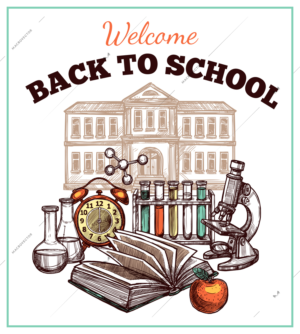 Back to school poster with colorful tools for studying and school in the background with blue frame sketch hand drawn vector illustration