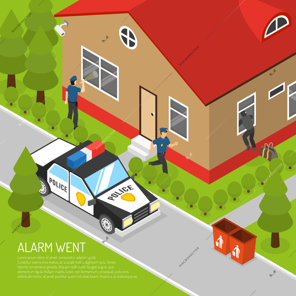 Action security system burglar alarm response isometric placard with running police officer approaching thief abstract vector llustration