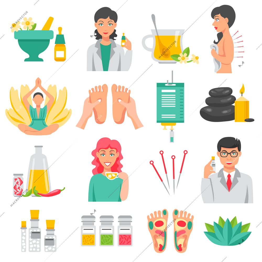 Alternative medicine  set of foot massage lotus flower needles for acupuncture aroma therapy isolated icons flat vector illustration