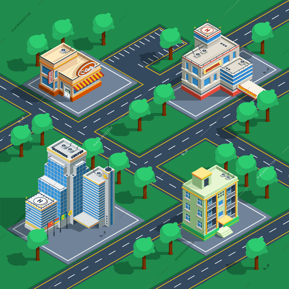 Isometric decorative icon set with buildings placed on the abstract streets with trees around vector illustration