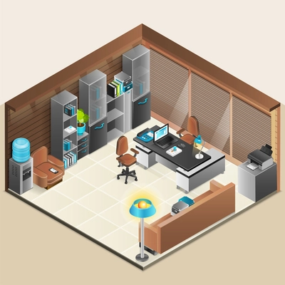 Office room isomenric design with sofa armchair and laptop vector illustration