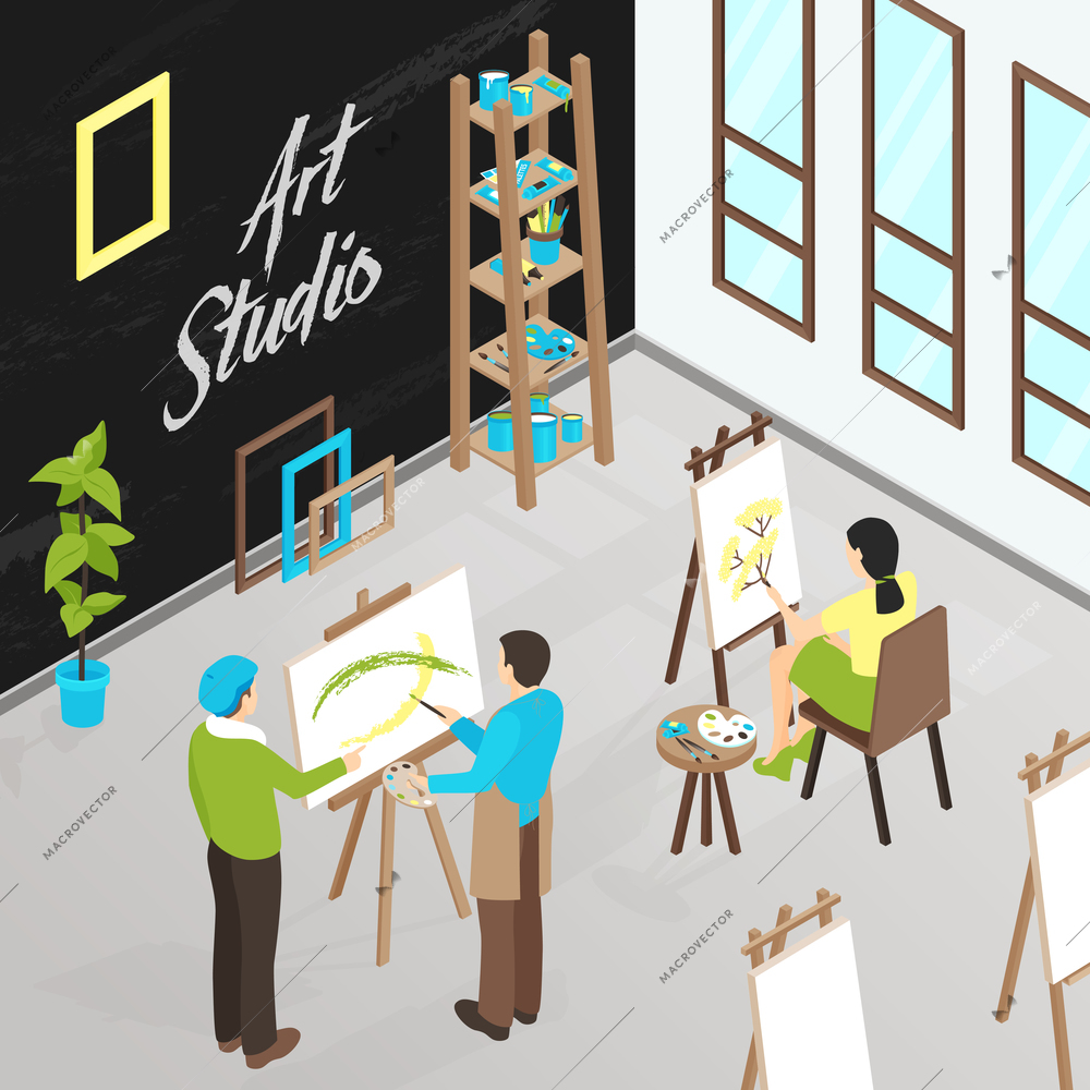 Male and female artists painting in art studio isometric vector illustration