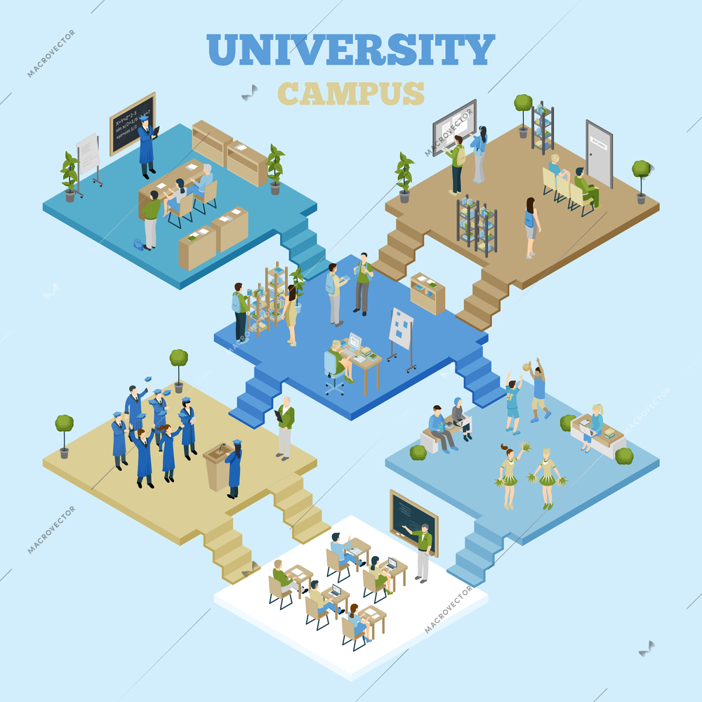 University campus isometric illustration with classrooms and students having classes on light blue background vector illustration