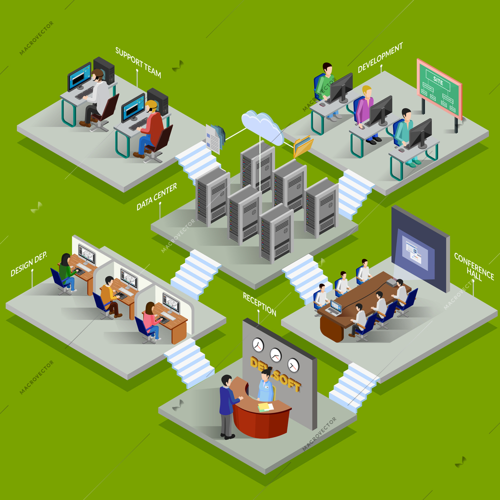 Development office isometric design concept with reception data center conference hall support service elements flat vector illustration