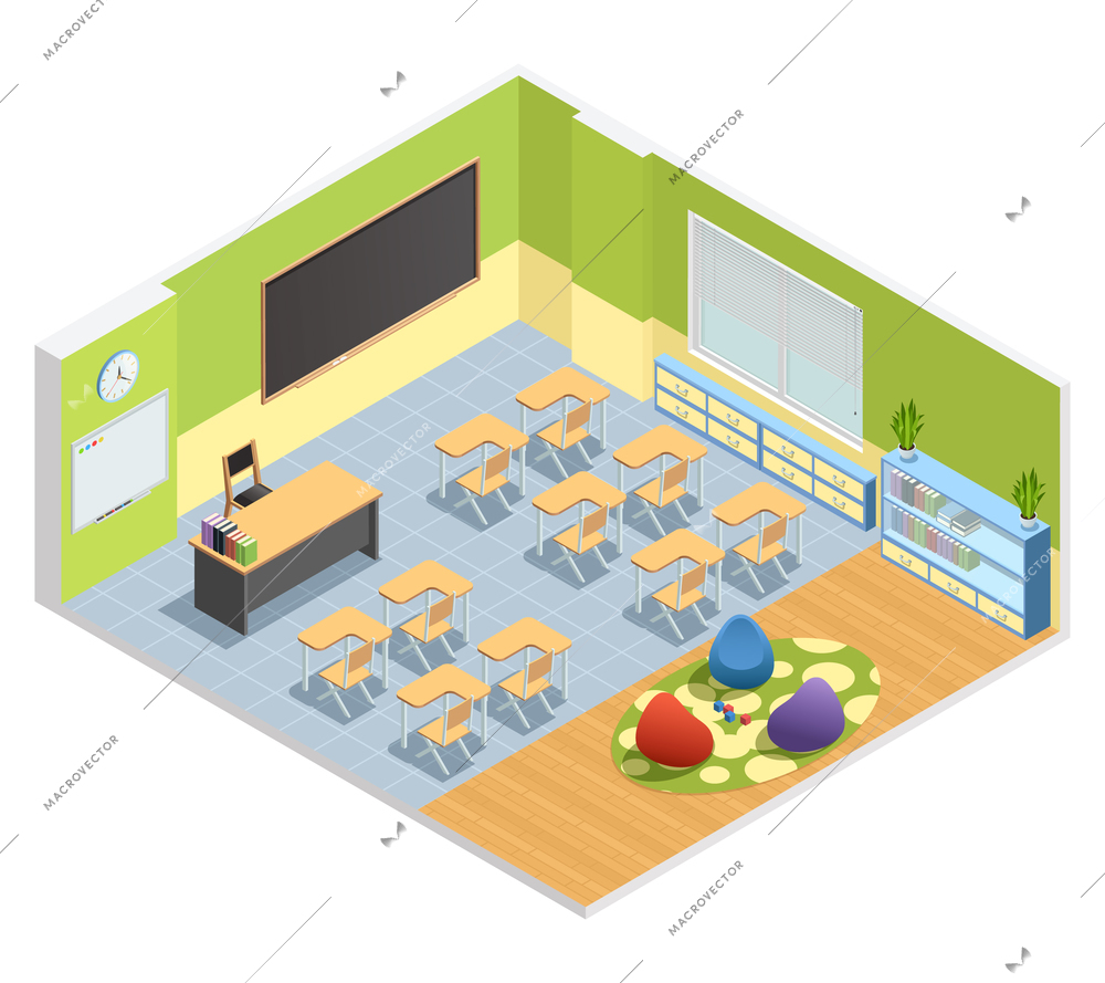 Isometric poster of classroom with chalkboard table for teacher students desks and special zone with playground vector illustration
