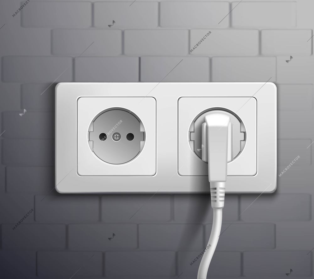 Realistic white plastic panel with socket and single round and double rectangular switches on grey wall vector illustration