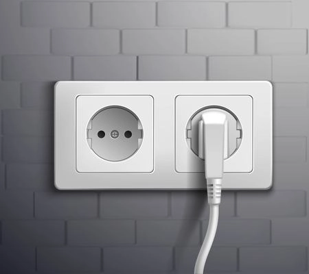 Realistic white plastic panel with socket and single round and double rectangular switches on grey wall vector illustration