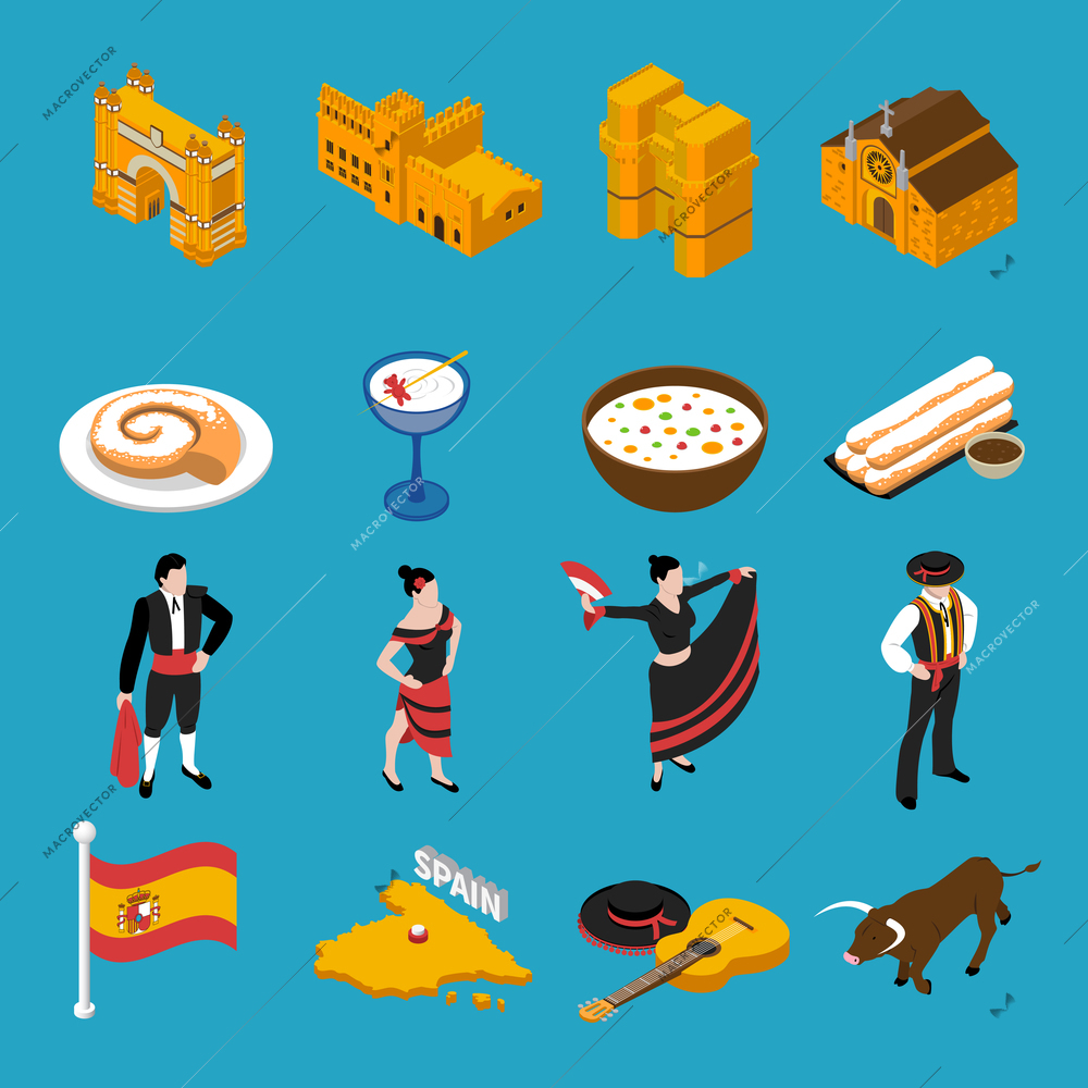 Touristic Spain isometric icons set on blue background isolated vector illustration