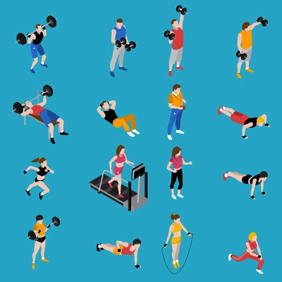 Gym and training isometric icons set on blue background isolated vector illustration