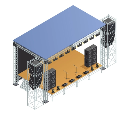 Poster with isometric image of stage metallic construction with speakers microphones spotlights and other elements vector illustration