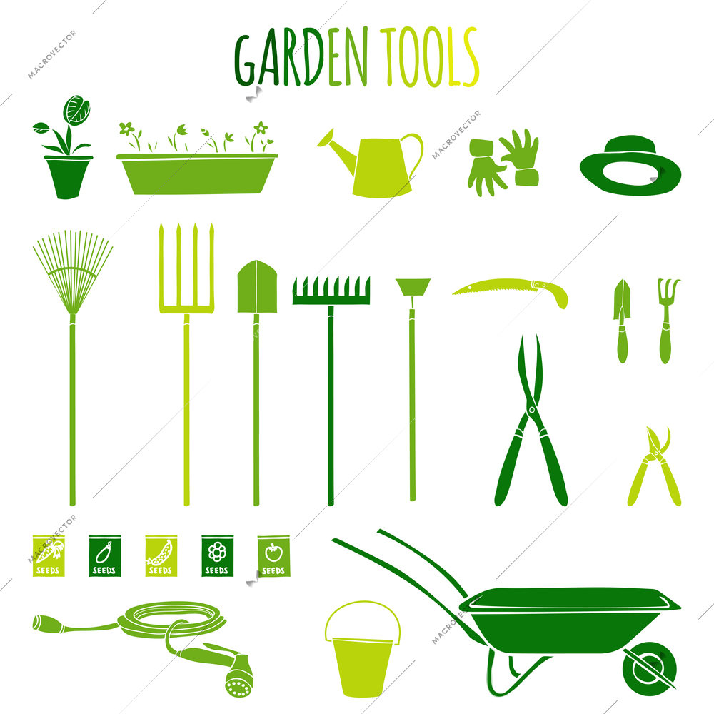 Garden related  tools and accessories with plants cartoon pictograms set isolated vector illustration