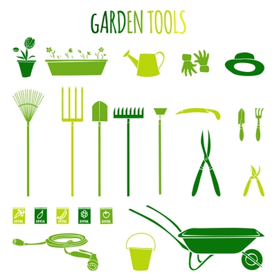 Garden related  tools and accessories with plants cartoon pictograms set isolated vector illustration