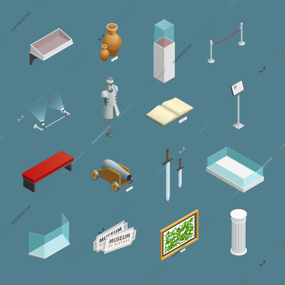 Isometric icons set of museum exhibits and elements like ancient vase or informational plate isolated vector illustration