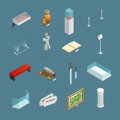 Isometric icons set of museum exhibits and elements like ancient vase or informational plate isolated vector illustration