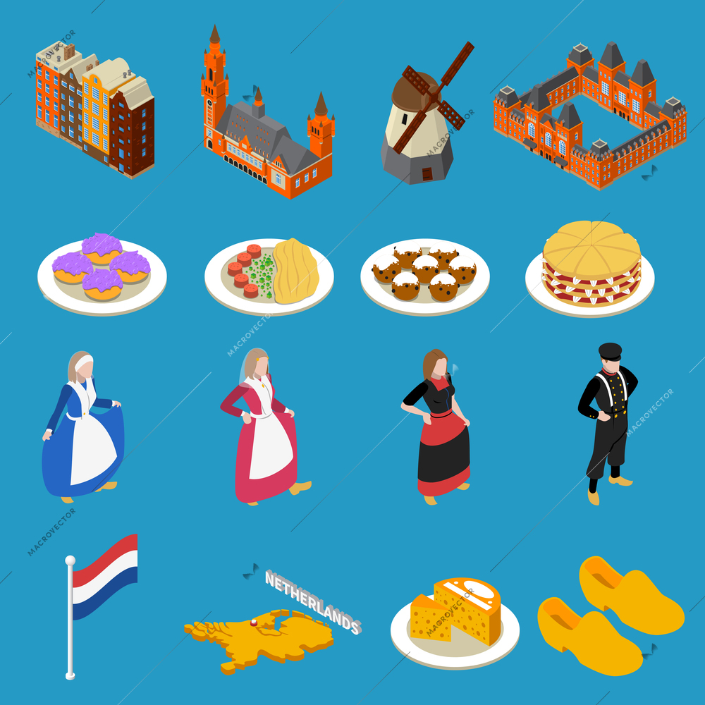 Set of color isometric icons different tourist attractions Netherlands cheese mill national clothes vector illustration