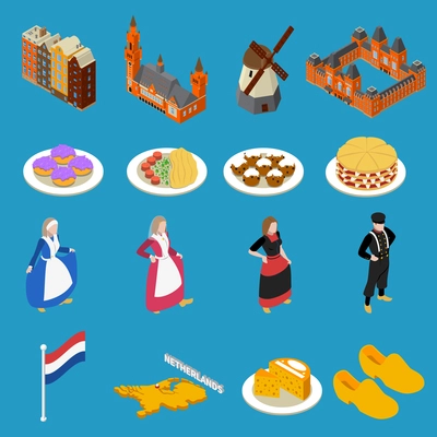 Set of color isometric icons different tourist attractions Netherlands cheese mill national clothes vector illustration