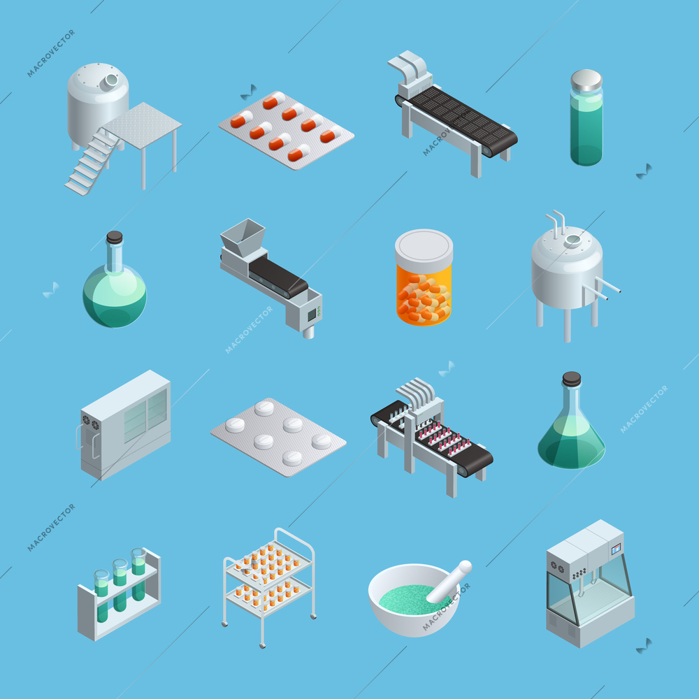 Isometric icons set of different pharmaceutical production elements from equipments to end-product isolated vector illustrations