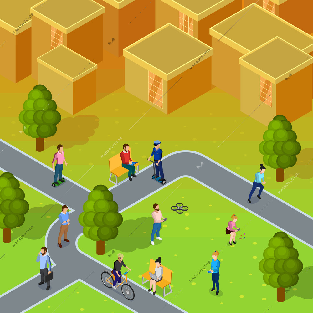City society composition depicting walking and working people in city near blocks of flats isometric vector illustration