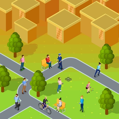 City society composition depicting walking and working people in city near blocks of flats isometric vector illustration