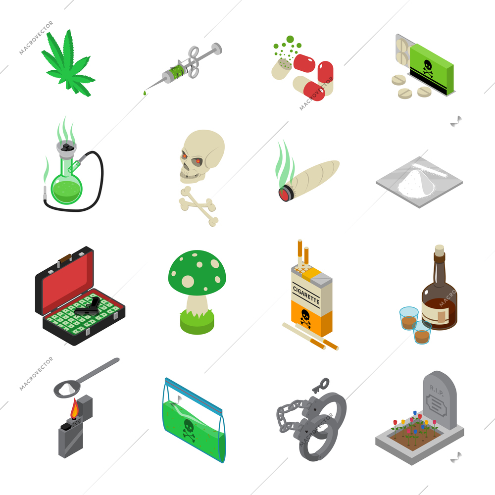 Drugs icons set with drugs alcohol and tobacco symbols isometric isolated vector illustration