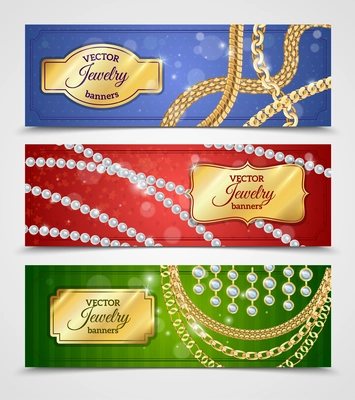 Jewelry realistic horizontal banners set with chains and earrings isolated vector illustration