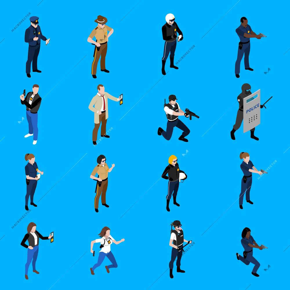 Set of isometric icons depicting policeman and policewoman with different uniform detective sheriff patrolman vector illustration