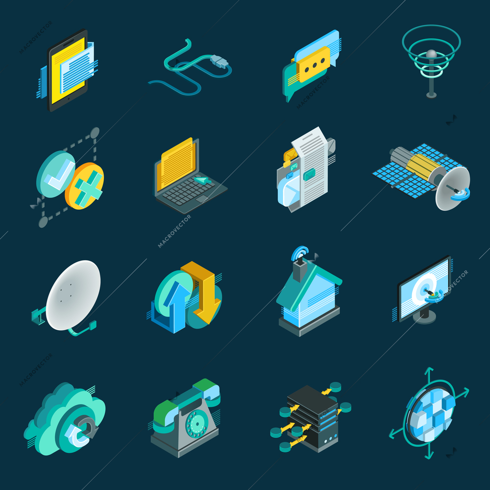 Telecommunication isometric icons set with satellite dish  data hub optical fiber receiver isolated elements vector illustration