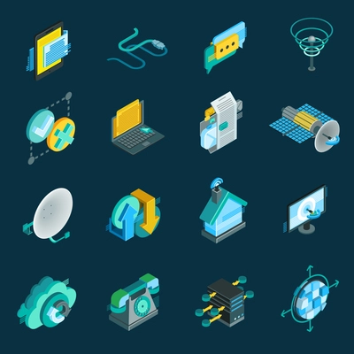 Telecommunication isometric icons set with satellite dish  data hub optical fiber receiver isolated elements vector illustration