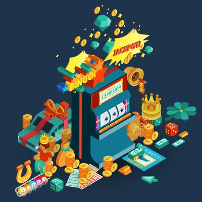 Lottery and slot machine isometric composition with jackpot and bingo description and accessories for table games vector illustration