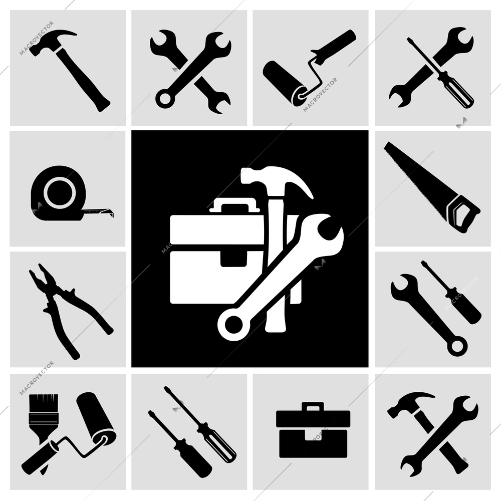 A collection of black house maintenance or renovation working tools isolated icons set of hammer wrench screwdriver and measuring tape vector illustration