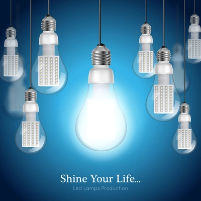 Blue background with hanging turned on and off led lightbulbs realistic vector illustration