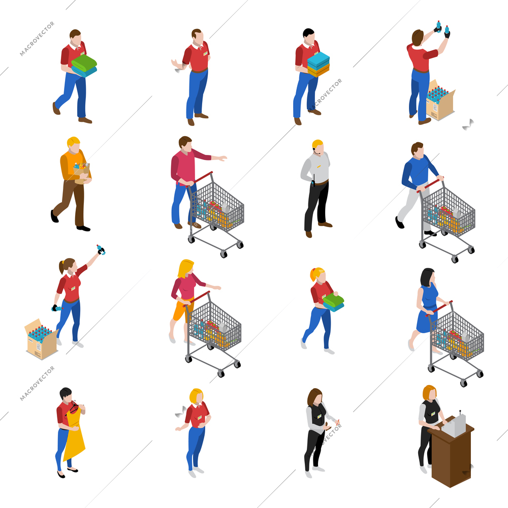 Supermarket isometric icons set with people and food isolated vector illustration