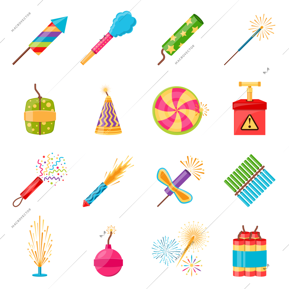 Pyrotechnics festival flat icons set with colorful firework crackers of different shape isolated on white background vector illustration