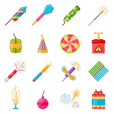 Pyrotechnics festival flat icons set with colorful firework crackers of different shape isolated on white background vector illustration
