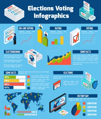 Elections and voting isometric infographics flat page with candidate rating electorate statistics electioneering icons vector illustration