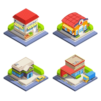 One-storeyed shop buildings offering various goods set on white background isometric isolated vector illustration