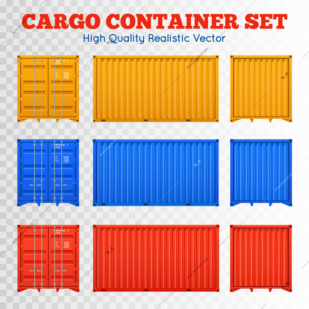 Colorful cargo containers views from different sides set isolated on transparent background realistic vector illustration