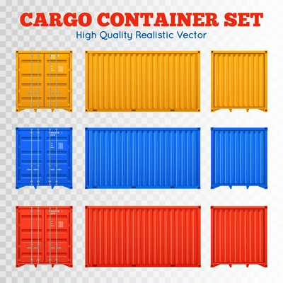 Colorful cargo containers views from different sides set isolated on transparent background realistic vector illustration