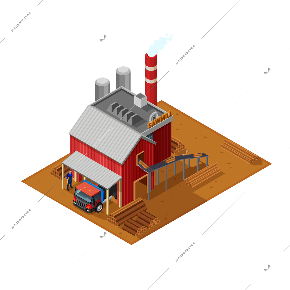 Lumberjack isometric concept with sawmill house timber truck sawn wood and driver monitoring unloading flat vector illustration