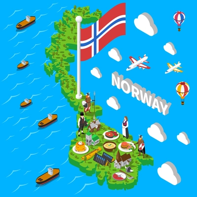 Norwegian isometric map with cultural symbol sand popular seafood meals sightseeing touristic poster abstract vector illustration