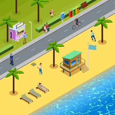 Isometric people society illustration with men and women at beach vector illustration