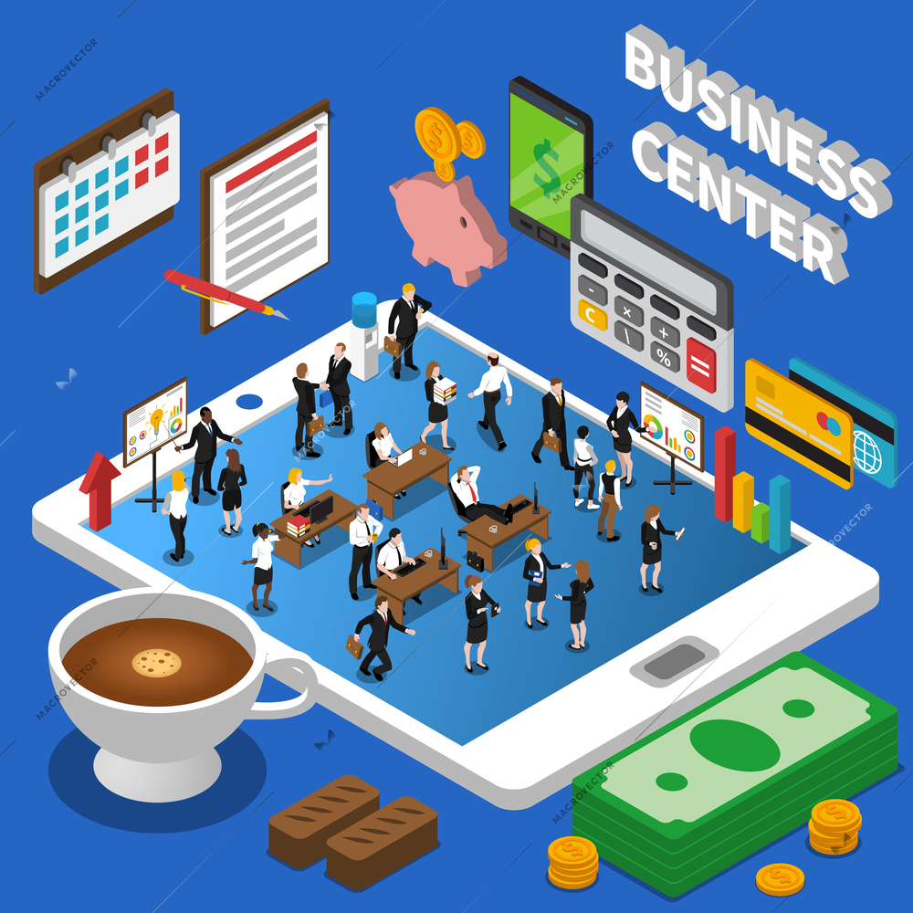 Financial business center isometric composition poster with market participants and dollar exchange rate diagrams abstract vector illustration