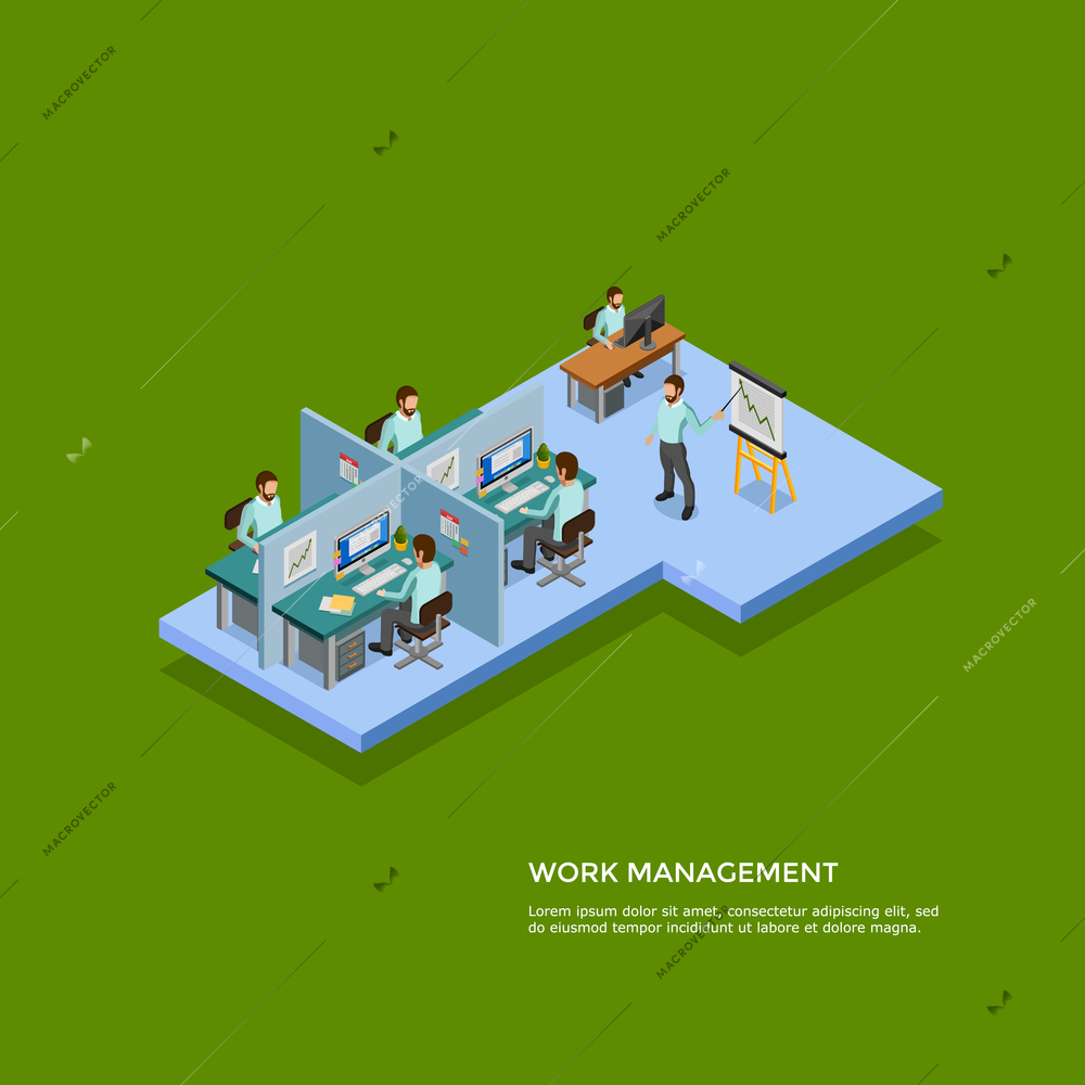 Isometric presentation room concept with men at their workplaces on green background vector illustration