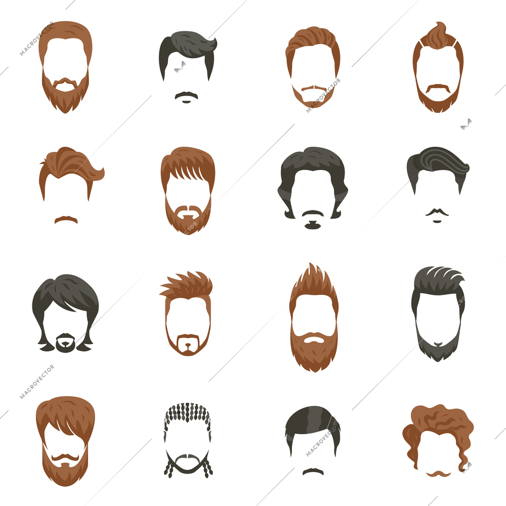 Men hairstyle icons set with beard and moustache flat isolated vector illustration